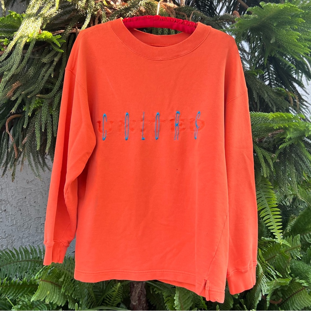 Vtg Orange United Colors Of Benetton Embroidered Sweatshirt French Terry Crew